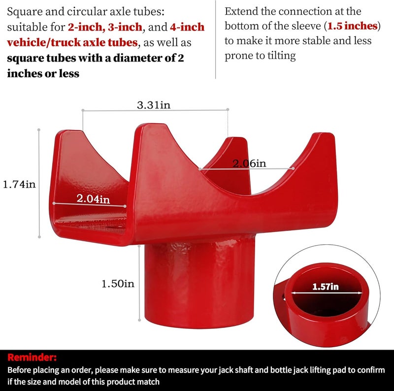 LVACODV Bottle Jack Adapters, Axle Saddle for 2", 3", 4" Round & 2" Square Tube, Bottle Jack Extension for RV Trailer, Within 1.5" Lifting Platform, Garage, Farm & Ranch (Red) - Image 2